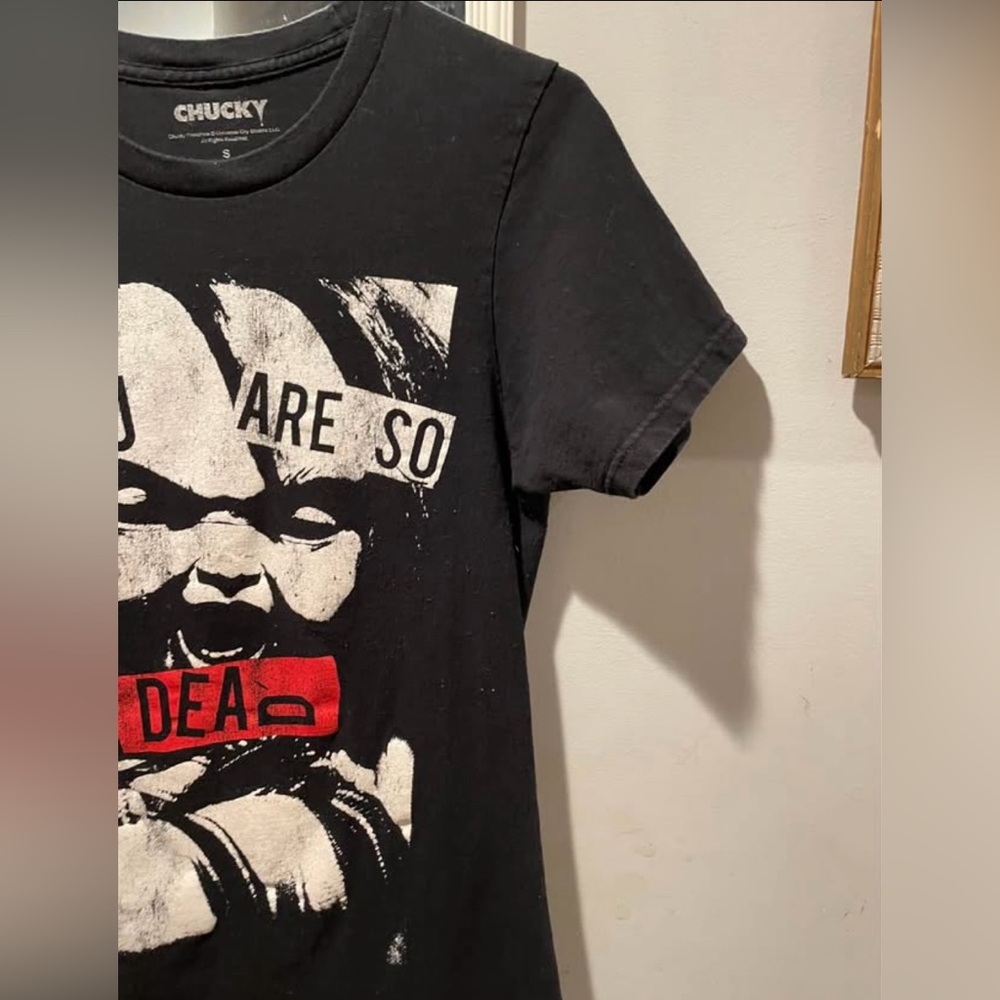 Chucky Black T-Shirt with Graphic Design in Good Condition. Adult Size Small. $6 - Picture 3 of 6